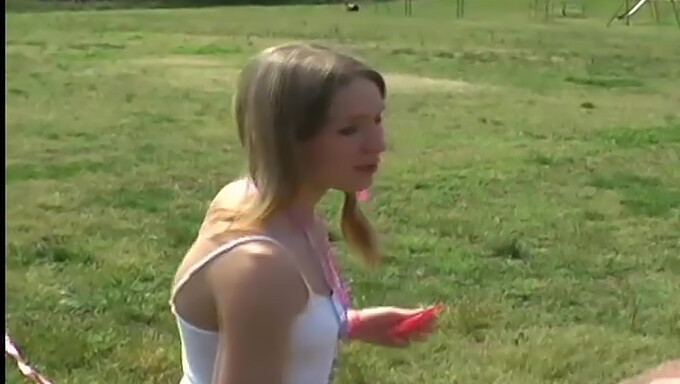 Petite 18-year-old invites you to assist in flying her kite outdoors